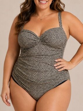 Nip Tuck Swim Women’s Size 14 One Piece Swimsuit Beige Geometric Tummy Control